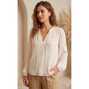 Nine Britton Priya Flowy Blouse Off White Floral Jacquard Long Sleeve Top Medium